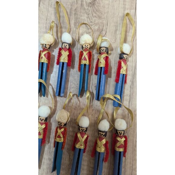 Set Of 10 Handmade Nutcracker Soldier Clothespin Ornaments With Gold Ribbon Hang - Picture 7 of 8